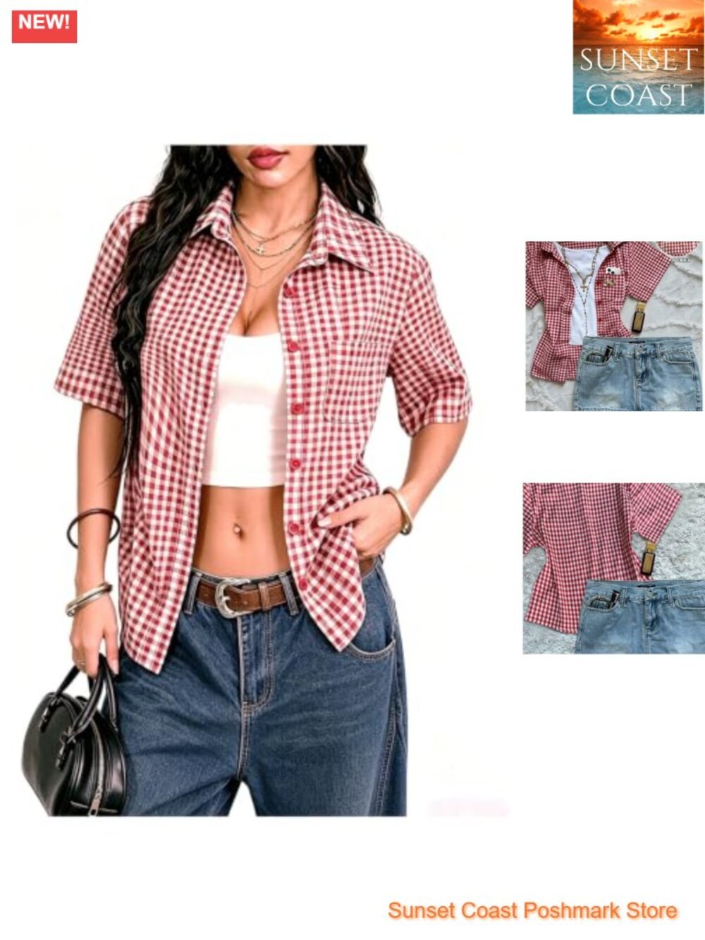Y2K Plaid Button Up Short Sleeve Collared Preppy Blouse Top Women's